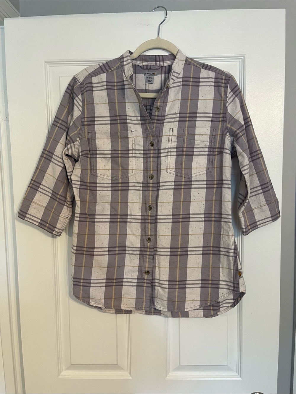 Carhartt Light Gray and Lavender Plaid Women’s Button-Down Shirt